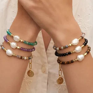 Modieus Minimalistisch Halbedelstein Kralenarmband Verguld Kunstparel Bedelarmband Persoonlijkheid Geometrisch Handsieraden Cadeau Voor Dames