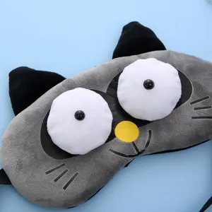 Cute grey plush cat sleep mask with big funny eyes, soft breathable shading eye cover for rest.