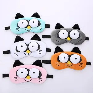 Cute cartoon plush sleep eye mask set with big eyes, soft breathable shading cover for night rest.