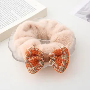 Plush hair scrunchie with tweed bow knot autumn winter elegant hair tie accessory