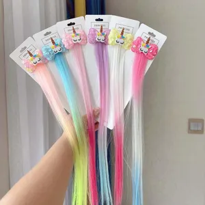 Kids gradient color wig hair clip unicorn hair accessories with cute bow and vibrant styles.