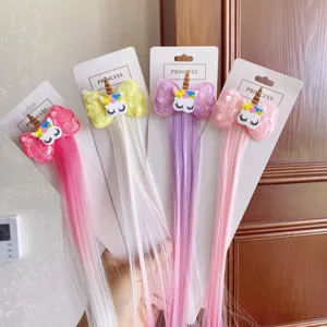 Kids unicorn hair clips with colorful wig extensions and sequin bows, cute princess hair accessories.