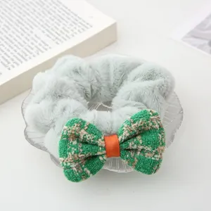 Plush hair scrunchie with tweed bow elegant green hair accessories winter warm hair tie