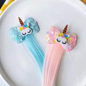 Children's cute unicorn hair clip with colorful long wig extension braid styling accessory