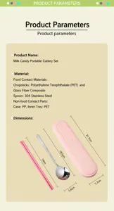 Tragbare Besteckset Details mit Essstäbchen, Löffel und Kofferabmessungen für unterwegs.