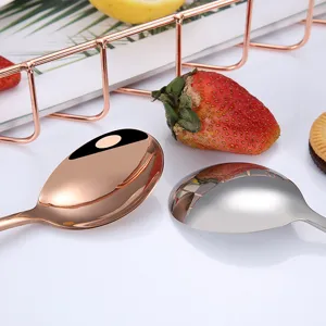 Stainless steel dinner spoons set, polished rose gold and silver tableware for home kitchen.