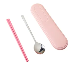 Tragbares Besteckset aus Edelstahl Löffel und Stäbchen mit rosa Aufbewahrungsbox