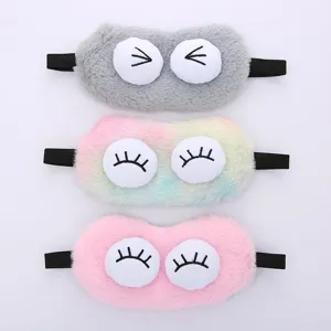 Cute plush sleep eye mask with big cartoon eyes, soft fuzzy shading blindfold for travel.