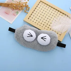 Gray plush sleep mask with cute big eyes embroidery, soft and comfortable for sleeping.