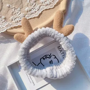 Cute coral fleece antler headband soft plush makeup hair band for daily face washing