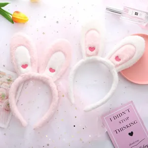 Cute Plush Rabbit Ears Headband Sweet Cartoon Bowknot Animal Hairband Plaid Embroidery Heart Headwear For Makeup Face Wash Women Hair Accessories