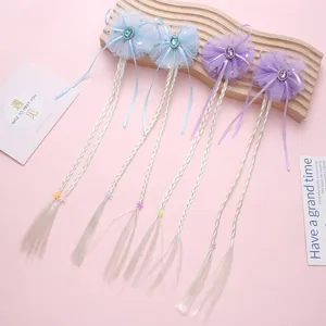 Princess Style Girls Wig Hair Clips Mesh Bowknot Rhinestone Long Braid Hairpins Kids Dress Up Costume Hair Accessories