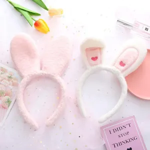 Cute plush bunny ear headband, soft furry hair hoop with heart embroidery for face washing daily.