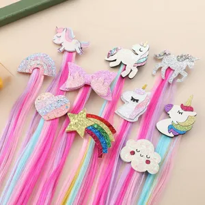 Colorful children hair extension clips with cute unicorn rainbow designs for girls styling.