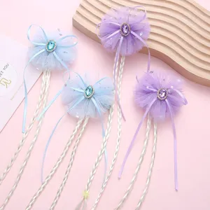 Cute girls wig hair clips with mesh bows and long braided hair extensions, perfect for parties.