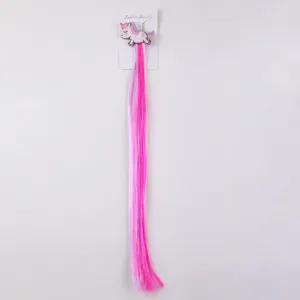 Children cartoon unicorn colored hair extension clip, pink purple gradient braid piece for girls dress up styling details.