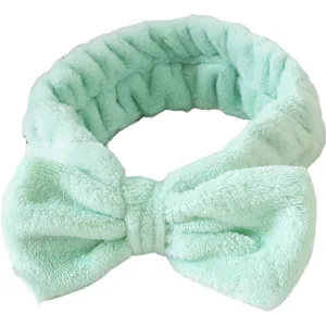 Mint green bow headband, fluffy fleece face washing hair band for spa makeup and daily skincare.