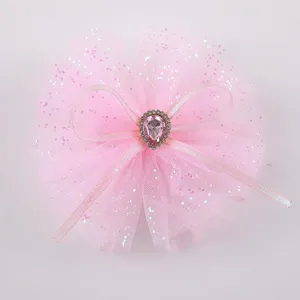 Fermaglio per capelli con fiocco in tulle rosa strass per ragazze simpatici 1pz