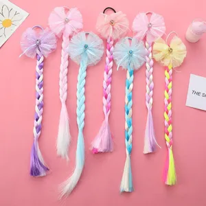 Kids Colorful Wig Braids Hair Ties Cute Girls Mesh Bowknot Rhinestone Rubber Bands Princess Party Decoration Braided Hair Accessories