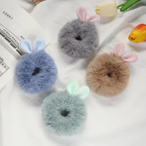 Cute plush bunny ear hair scrunchies, fluffy fuzzy hair ties for autumn and winter styles.