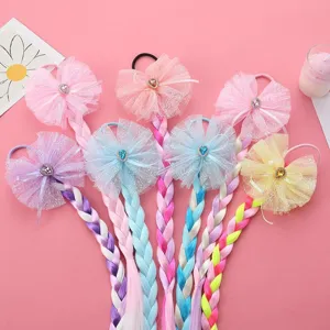Colorful kids wig braided hair tie with mesh bow and rhinestone, cute princess accessory.