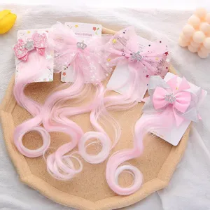 Pince à Cheveux Perruque Princesse Enfants Épingles à Cheveux Nœud Papillon Maille Avec Couronne de Strass Extension Cheveux Bouclés Fête