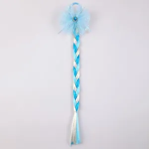 Kids blue white wig braid hair rope mesh bow cute princess party hair accessory detail view