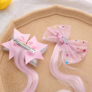Pince a cheveux noeud rose avec extension perruque accessoire princesse pour fete enfant