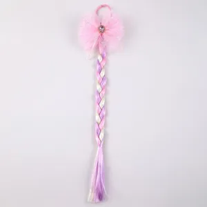 Colorful kids hair braid wig with pink mesh bow and glitter gemstone for party or daily wear.