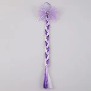 Kids colorful wig braid hair accessory with purple mesh bow and gradient braids for party dress up.