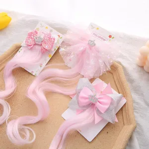 Ensemble de pinces à cheveux perruque princesse enfants, extension bouclée rose et nœud.