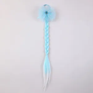 Kids blue wig braid hair tie with glitter mesh bow and crystal gem for princess party.