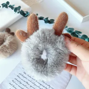 Korean plush deer antler hair scrunchie soft fluffy fur ball hair band cute hair accessories for women