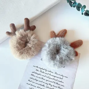 Cute Plush Antler Hair Ties Sweet Fluffy Pompom Scrunchies High Elasticity Animal Hair Bands For Girls Women Daily Hair Accessories
