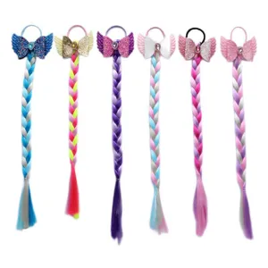 Bambini parrucca colorata trecce fiocco glitter elastici capelli carina bambina accessori