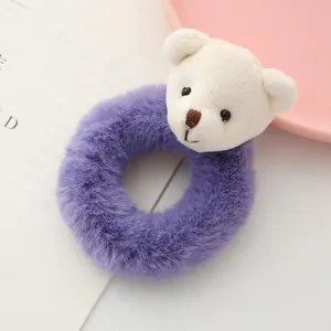 Elastico per capelli in soffice peluche viola con testa di orsetto bianco per stile quotidiano.