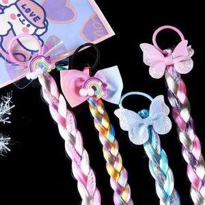 Tresses de cheveux colorées pour enfants élastiques synthétiques nœuds arc-en-ciel accessoires