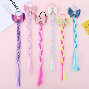Kids Cute Cartoon Wig Hair Rope Colorful Princess Ponytail Extensions With Glitter Bowknot Wing Unicorn Hair Accessories For Girl Party Stage Decoration