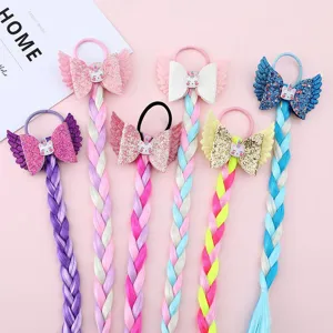 Colorful synthetic hair braid hair ties with glitter wings and cute bow for kids party