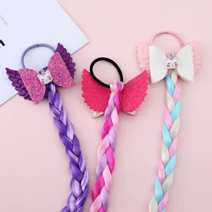 Colorful kids wig hair braid with glitter bow and wings, perfect for princess party styles.