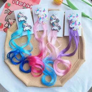Kids Cartoon Unicorn Hair Clips With Gradient Colored Long Braids Synthetic Fake Hair Extension Pins For Girls Birthday Party Costume Hair Ornaments