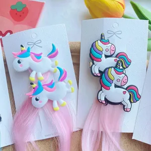 Cute cartoon unicorn wig hair clips for little girls, colorful braids pony clips for party.