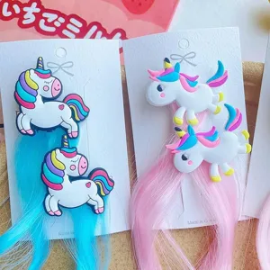 Children cartoon unicorn hair clips with colorful wig braids for cute little girls party hair.