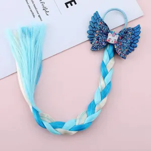 Colorful kids hair extension braid with glitter wing bow and unicorn charm for party.