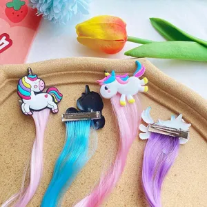 Children's cute cartoon unicorn wig hair clips set with colorful braided hair extensions for girls.