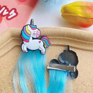 Kids cartoon unicorn hair clips with colorful long synthetic hair extensions for sweet parties.