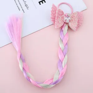 Colorful kids wig braid hair clip glitter bow wing ponytail hair accessory for party