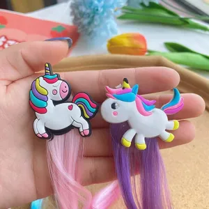 Cute children cartoon unicorn hair accessories with colorful wig braids for party styling.