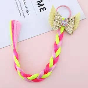Colorful kids wig hair tie with glitter bow and wings, perfect for princess party styles.