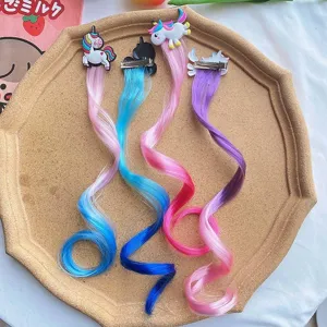 Kids cartoon unicorn wig hair extension clips, colorful braided hairpieces for party.